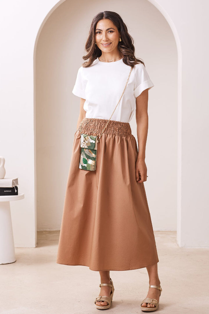 Brooke Smocked Waist Midi A-Line Skirt Camel Skirt