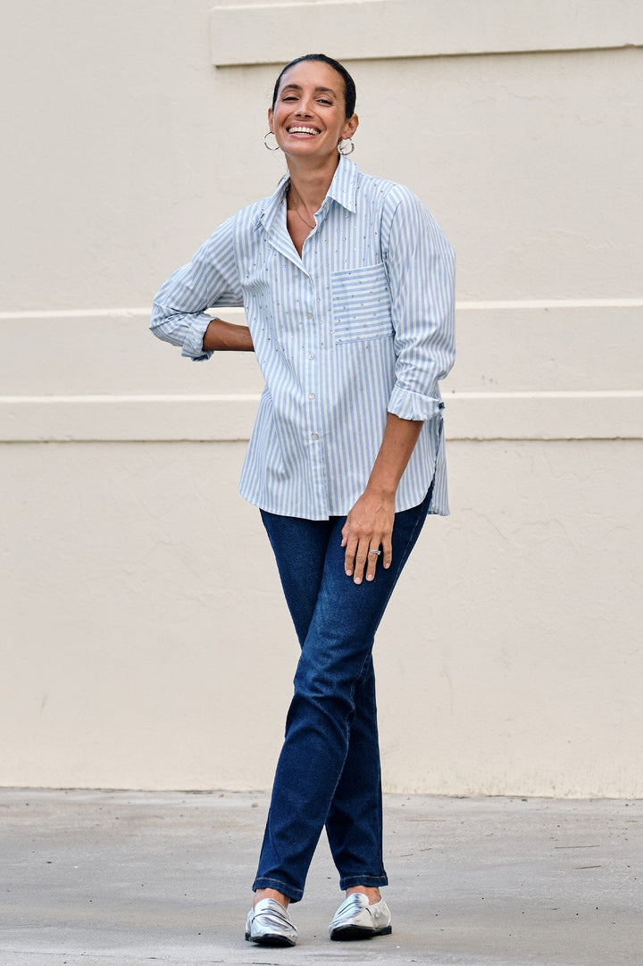 Renata Blue Striped Collared Shirt Tops