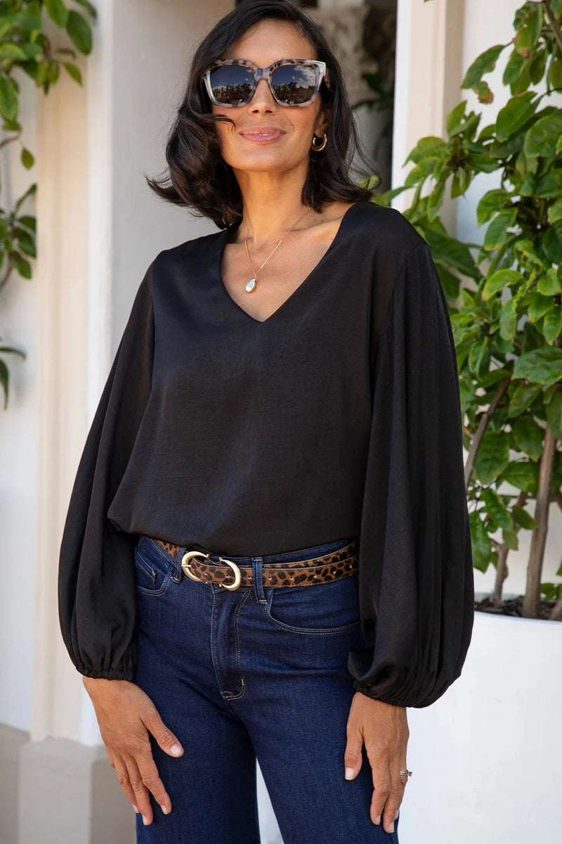 Sophia V-Neck Long Sleeve Top Black Tops