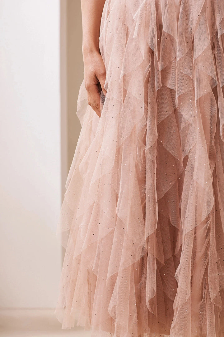 Isabella Asymmetrical Ruffle Tulle Maxi Skirt Champagne Skirt