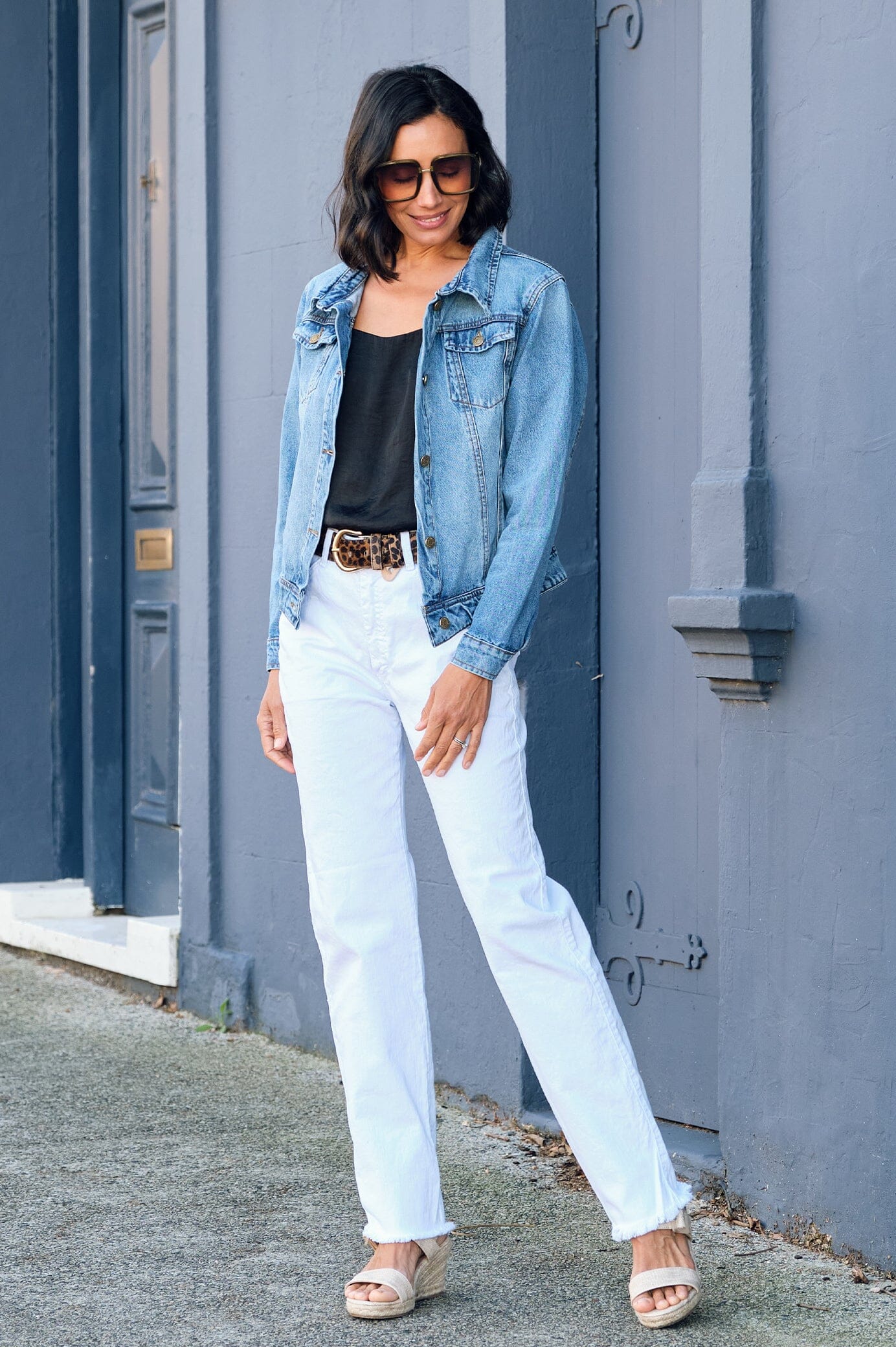 Jenna Dewan's Denim Jacket, White Jeans, and Wedge Sandals Look for Less -  The Budget Babe | Affordable Fashion & Style Blog