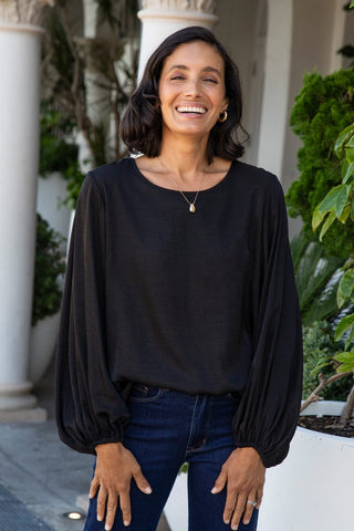 Sophia Round Neck Long Sleeve Top Black Tops
