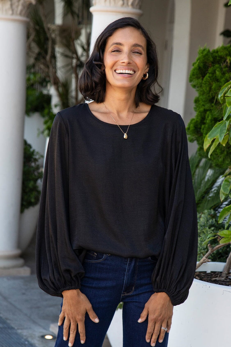 Sophia Round Neck Long Sleeve Top Black Tops