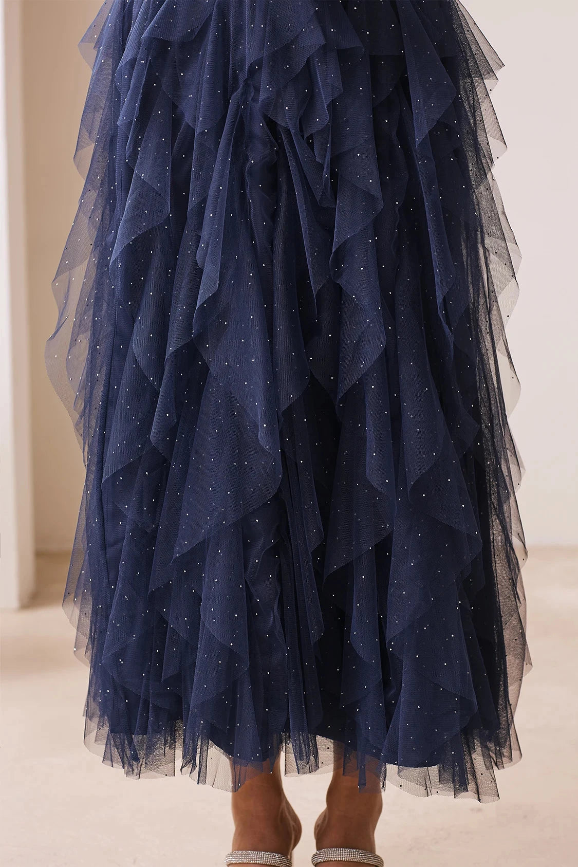 Isabella Asymmetrical Ruffle Tulle Maxi Skirt Navy Skirt