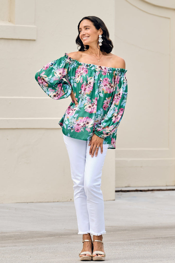 Xenia Off Shoulder Top Bella Print Emerald Tops