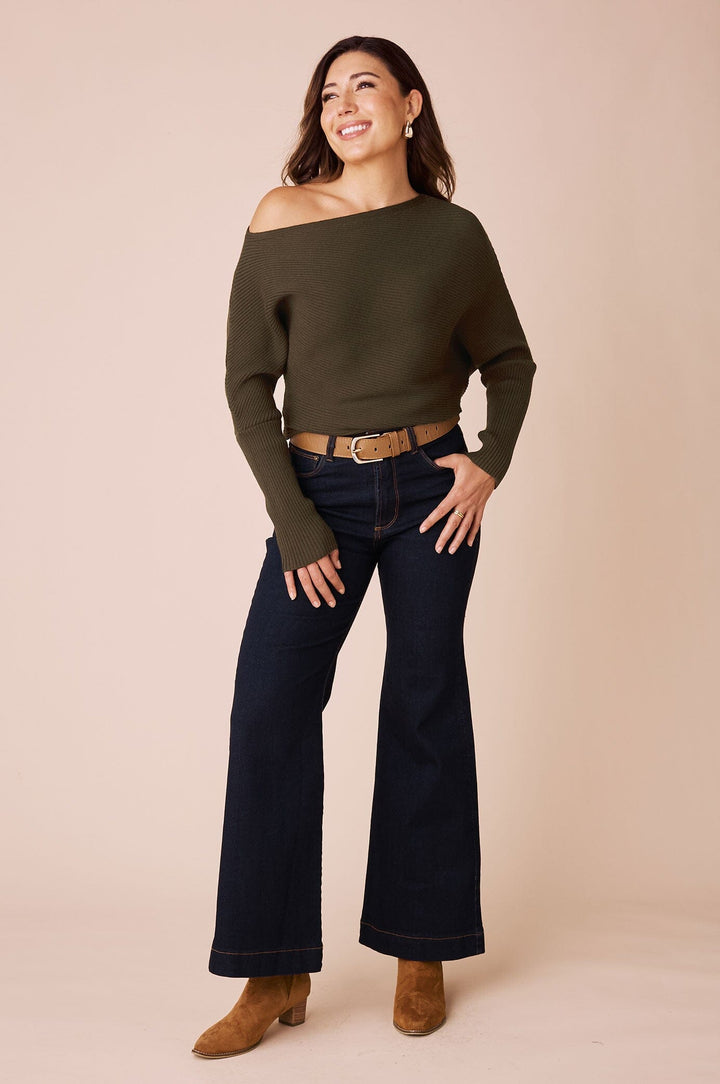 Lily Off Shoulder Jumper Olive Knitwear