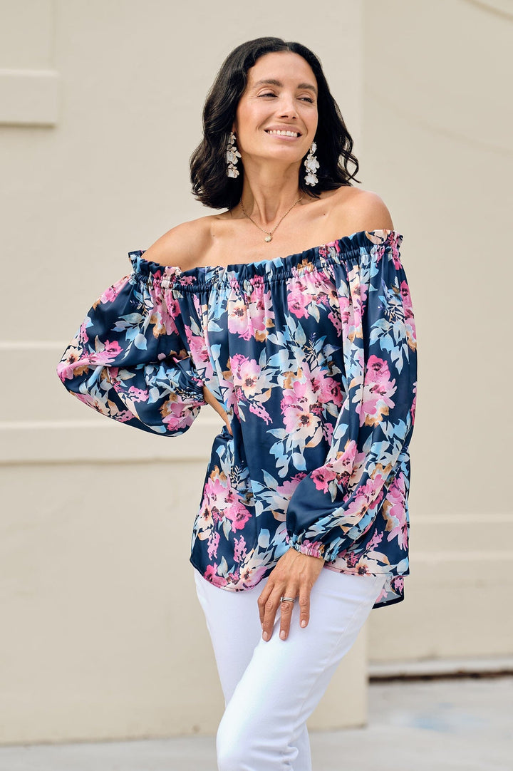 Xenia Off Shoulder Top Bella Print Navy Tops