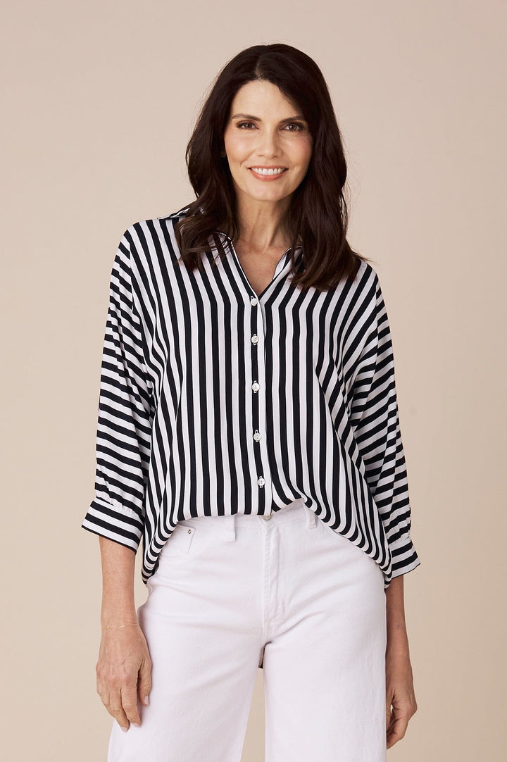 Ellen Collared Mid Sleeve Shirt Striped Navy Tops