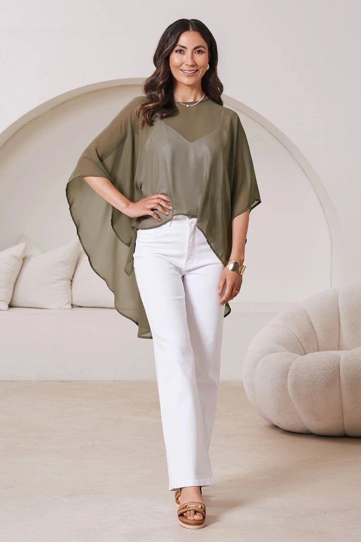 Concetta Elegant Chiffon Poncho in Olive Capes