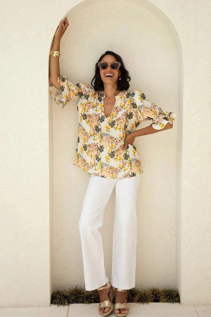 Positano Floral Mid Sleeve V-Neck Linen Top Tops