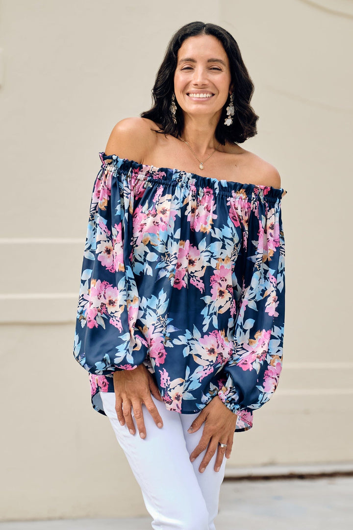 Xenia Off Shoulder Top Bella Print Navy Tops