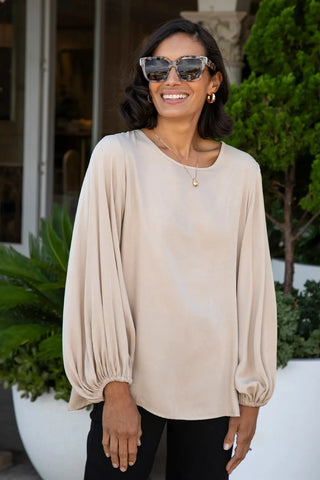 Sophia Round Neck Long Sleeve Top Taupe Tops