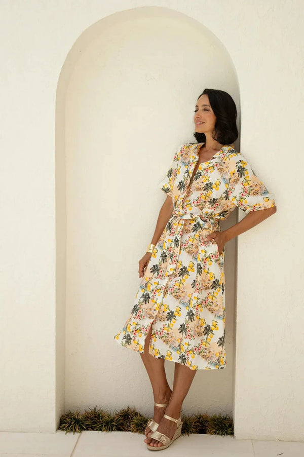 Positano Floral Mid Sleeve Collared Linen Midi Dress Dress