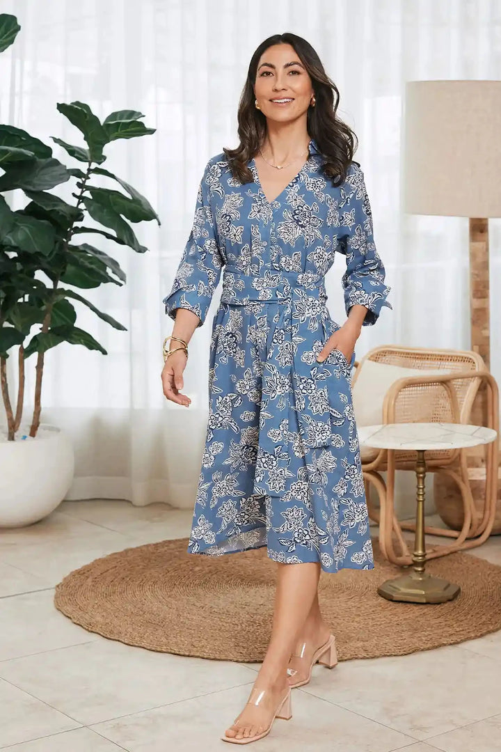 Sylvie Mid Sleeve Dress Floral Blue Dress