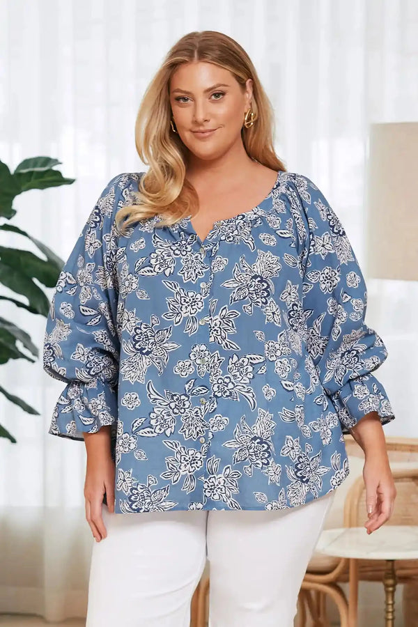 Sylvie Mid Sleeve Top Blue Floral Tops