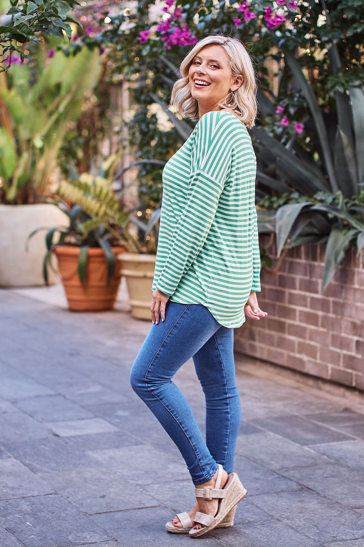 Erica Essential Top Round Neck Striped Emerald Tops