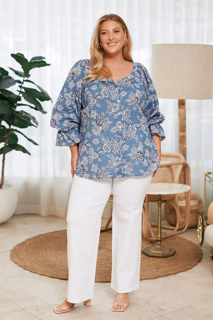 Sylvie Mid Sleeve Top Blue Floral Tops