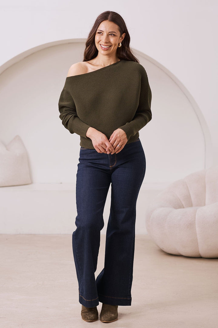 Lily Off Shoulder Jumper Olive Knitwear
