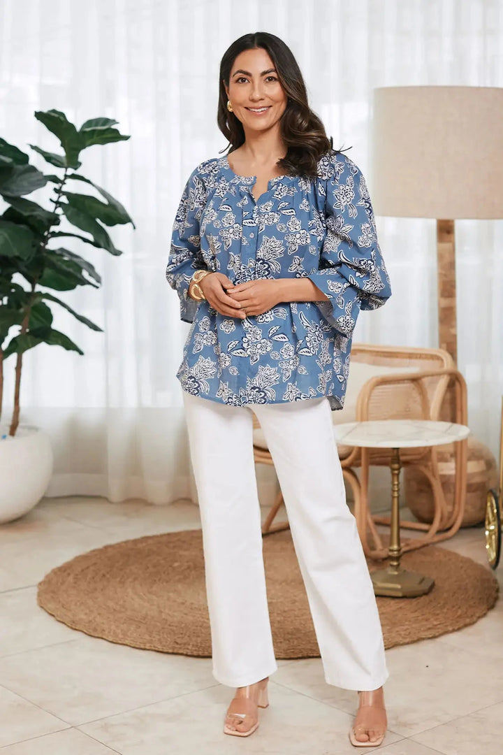 Sylvie Mid Sleeve Top Blue Floral Tops