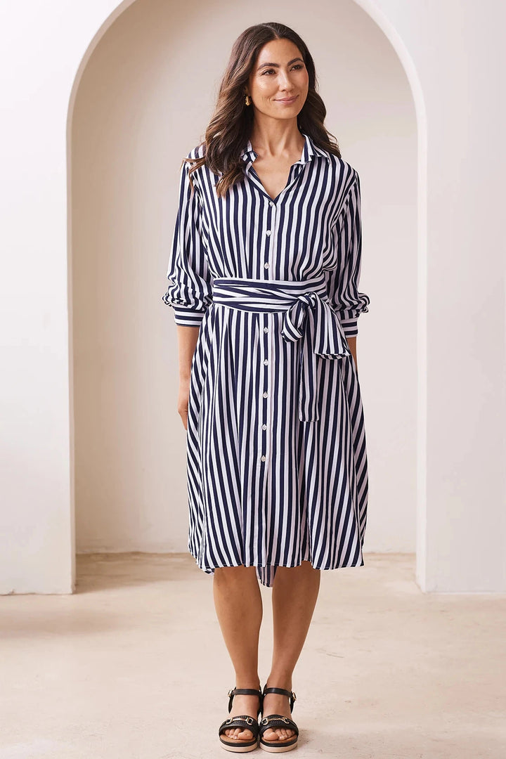 Francesca Long Sleeve Striped Midi Dress Navy and White Dress