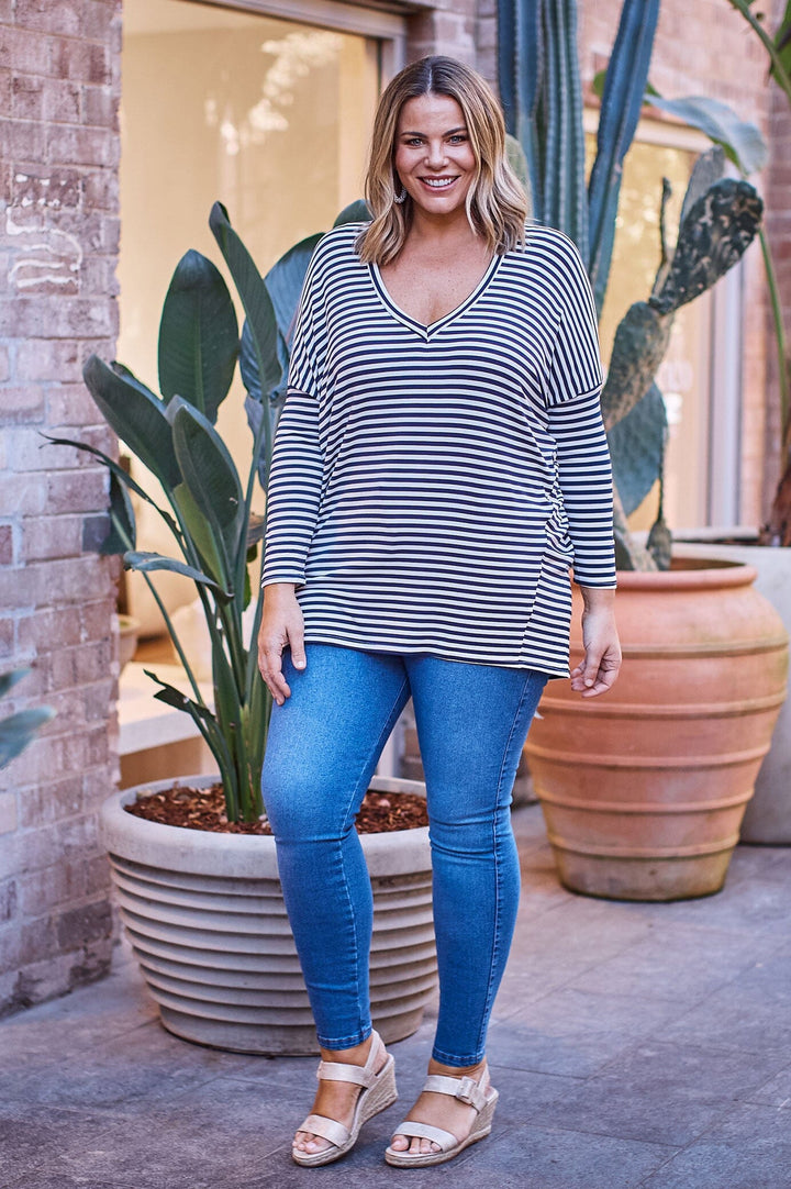 Erica Essential Long Sleeve Top Striped Navy- Pre Order Tops