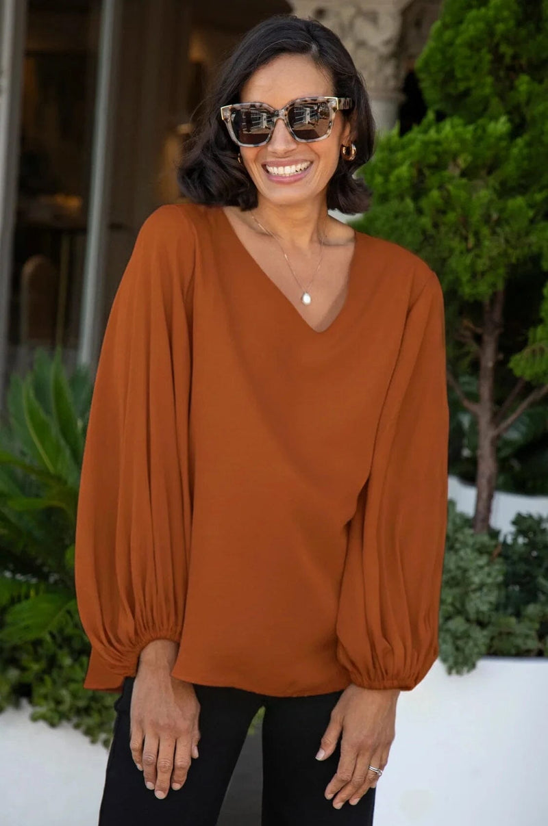 Sophia V-Neck Long Sleeve Top Rust Tops