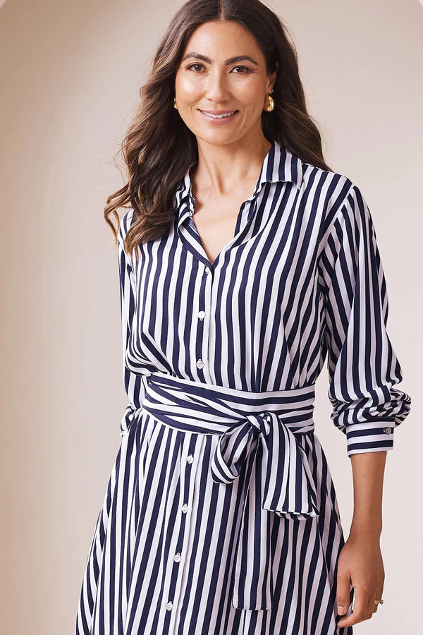Francesca Long Sleeve Striped Midi Dress Navy and White Dress