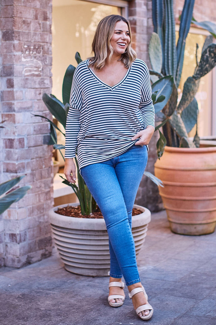 Erica Essential Long Sleeve Top Striped Navy- Pre Order Tops