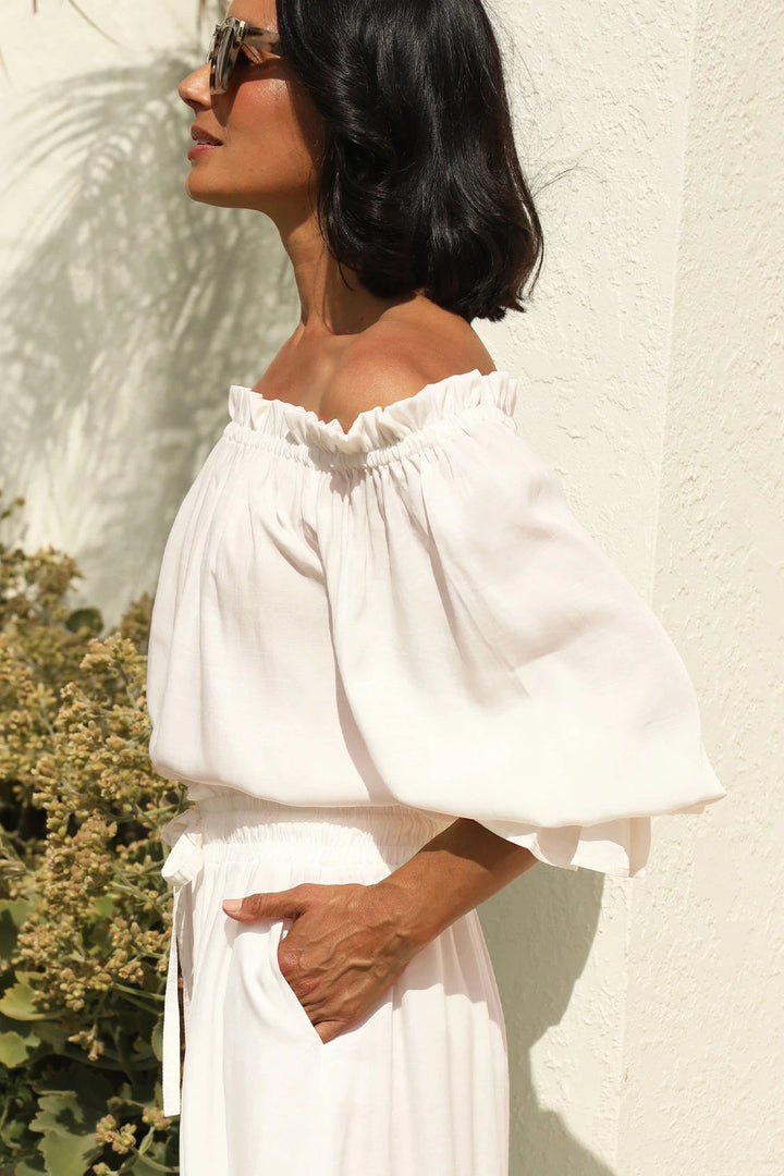 Vittoria Frill Trim Off Shoulder Long Sleeve Top Ivory Tops