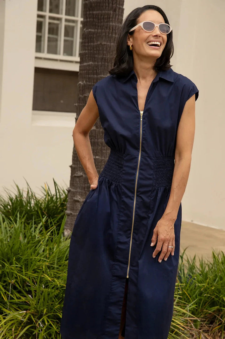 Laura Sleeveless Smocked Waist Zip Front Midi Dress Navy Dress