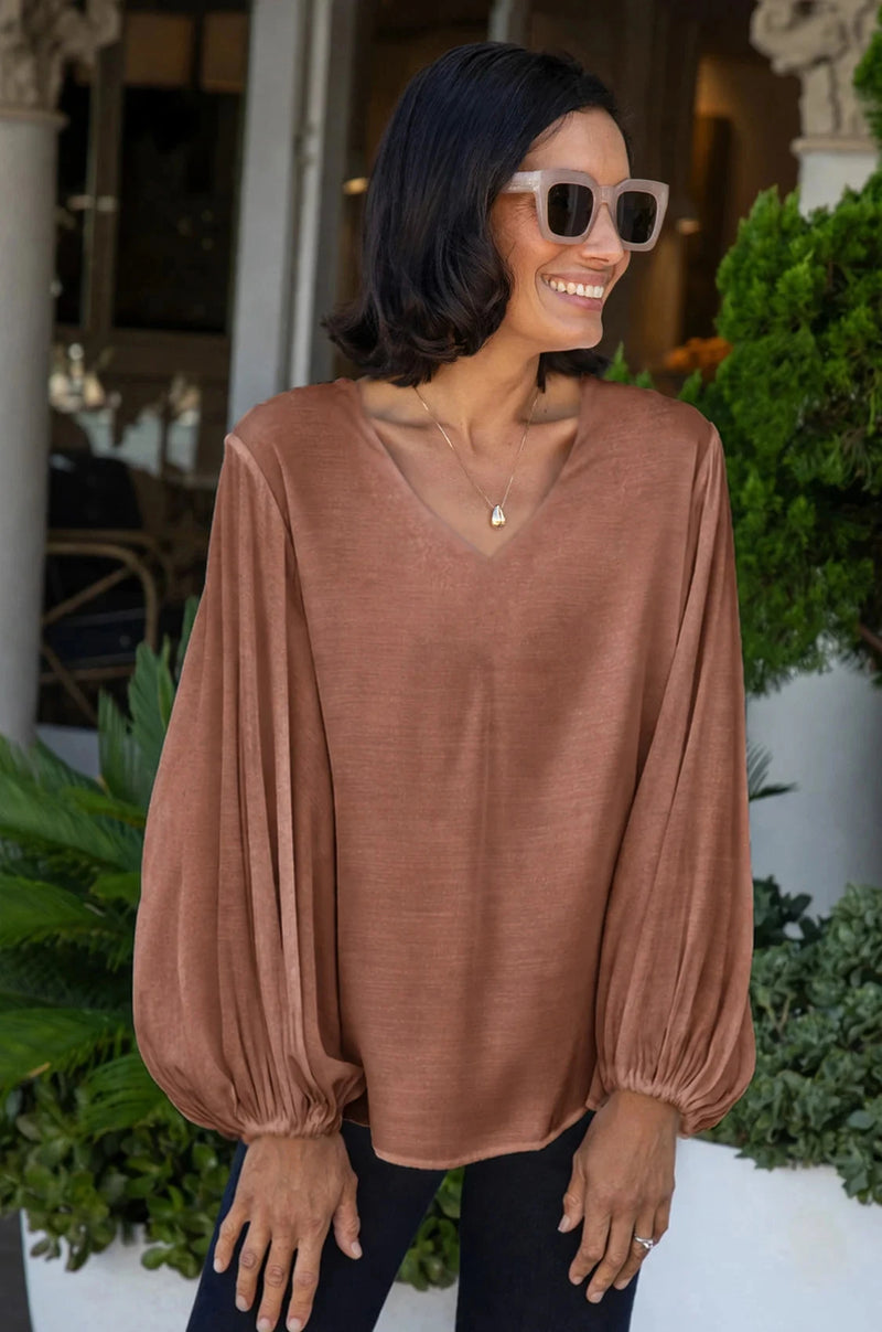 Sophia V-Neck Long Sleeve Top Caramel- Pre Order Tops
