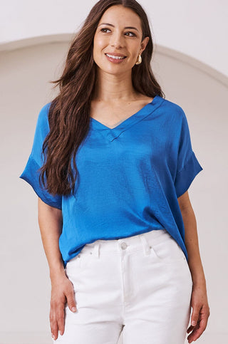 Bianca Short Sleeve Top Cobalt with V Neck Tops