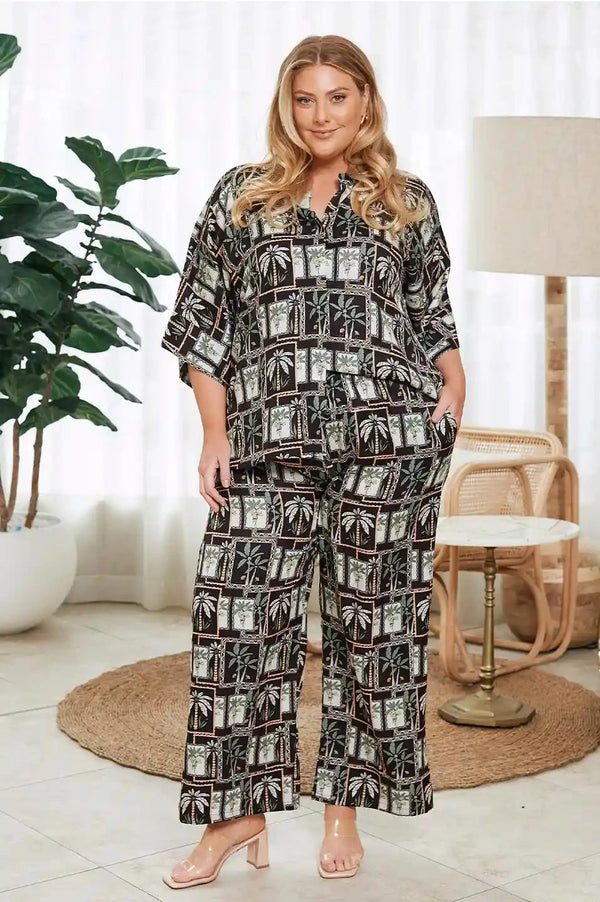 Maui Palm Print Pants in Black and Green- Pre Order Pants
