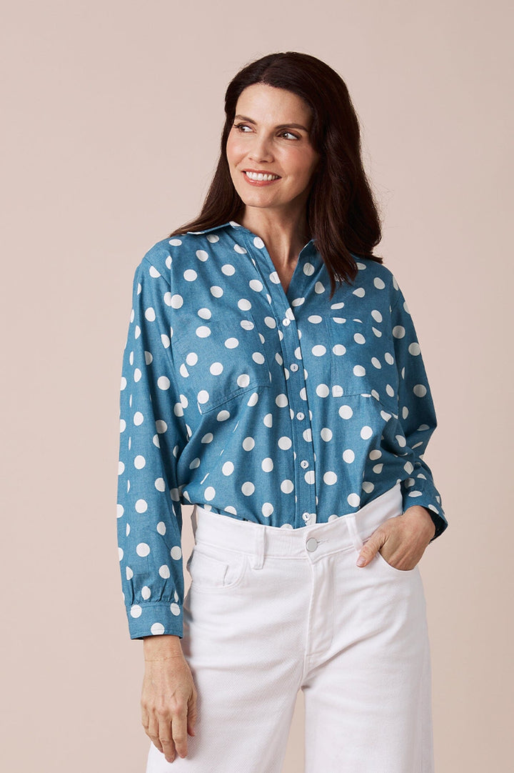 Polka Dots Collared Shirt Navy Tops