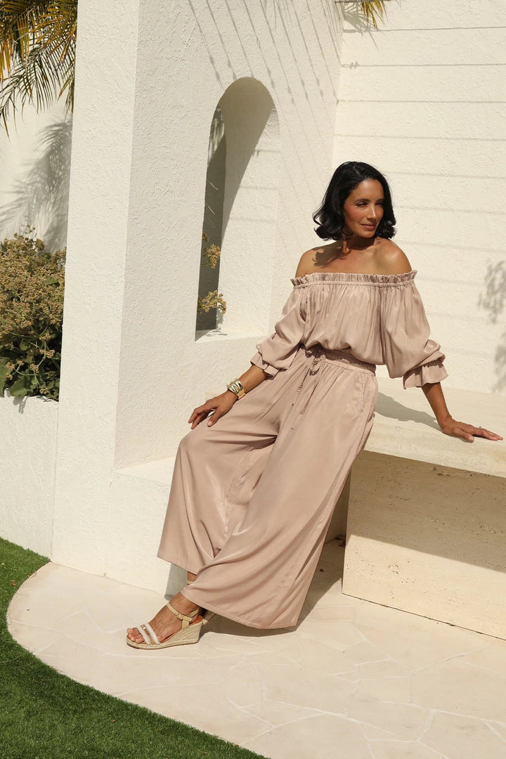 Vittoria Frill Trim Off Shoulder Long Sleeve Top Taupe Tops