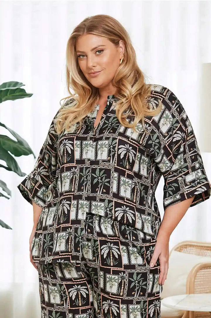 Maui Palm Print Top in Black and Green- Pre Order Tops