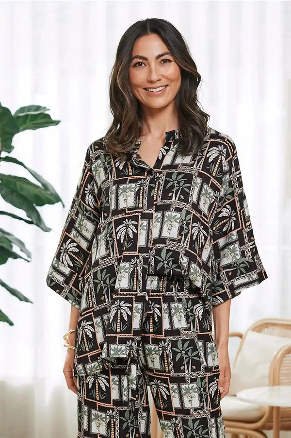 Maui Palm Print Top in Black and Green- Pre Order Tops