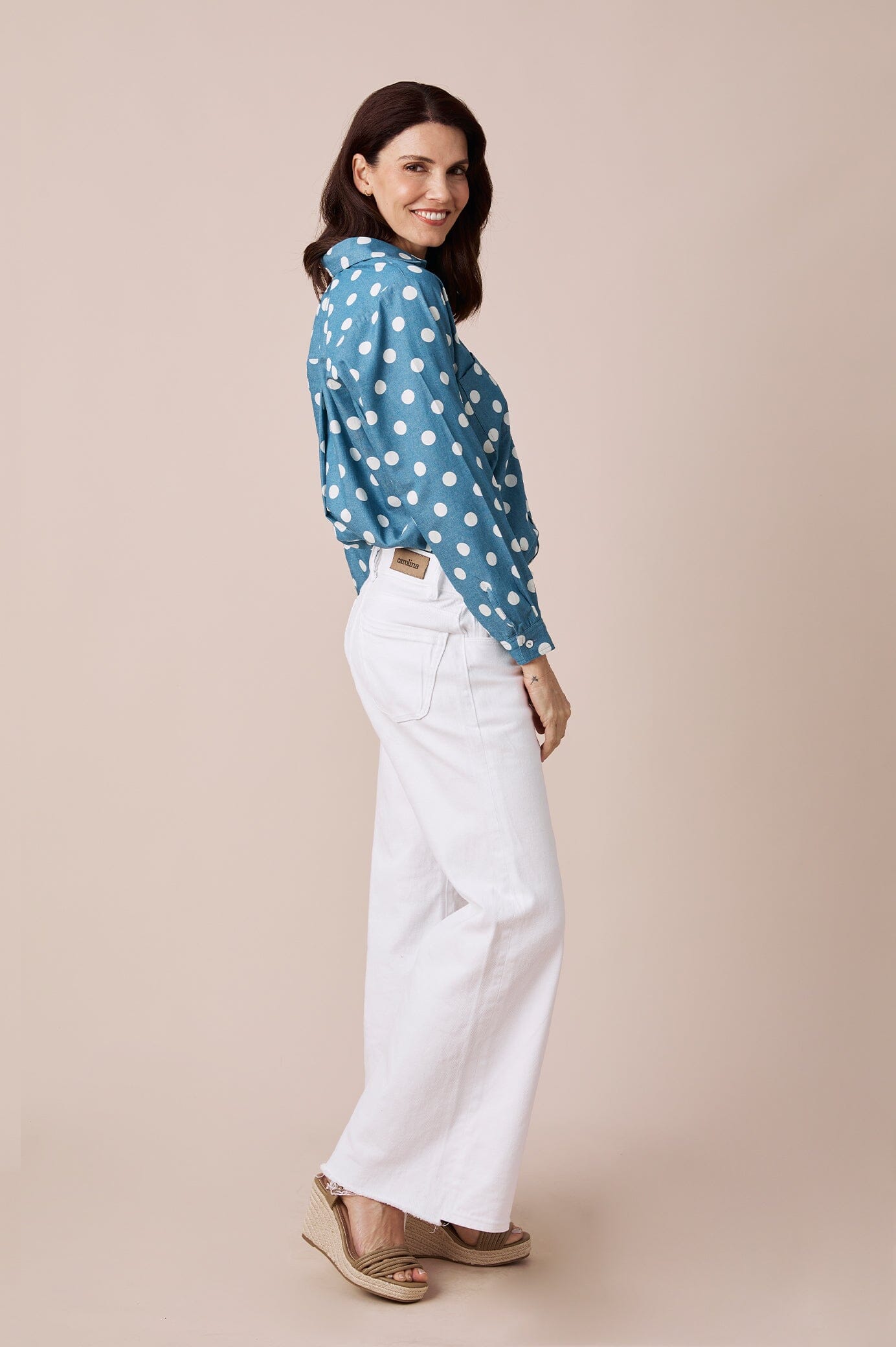 white shirt with navy polka dots