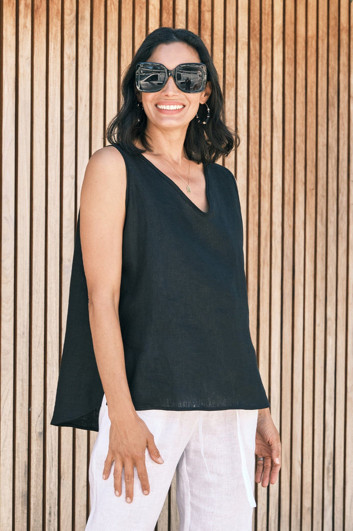 Zoe Linen Sleeveless Top Black Tops