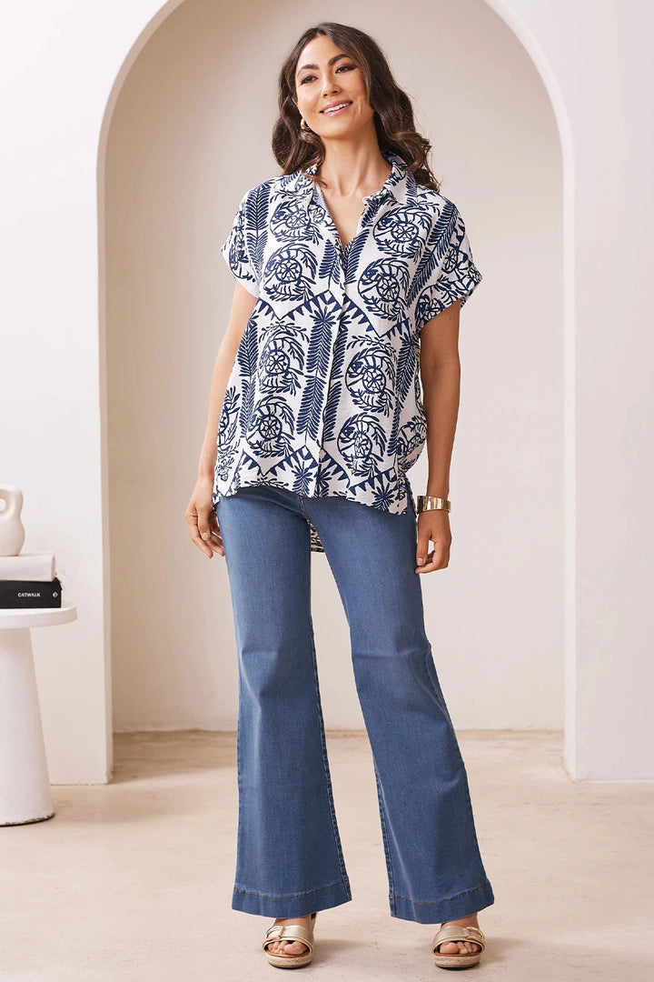 Antonella Collared Short Sleeve Top Navy Tops