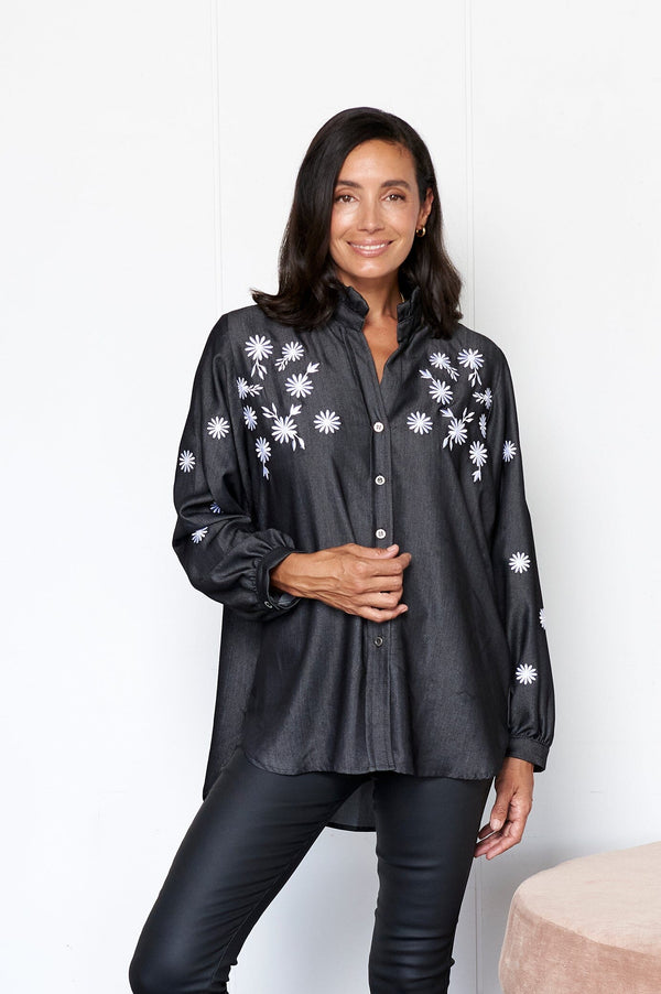 Daphne Embroidered Collared Shirt Tops