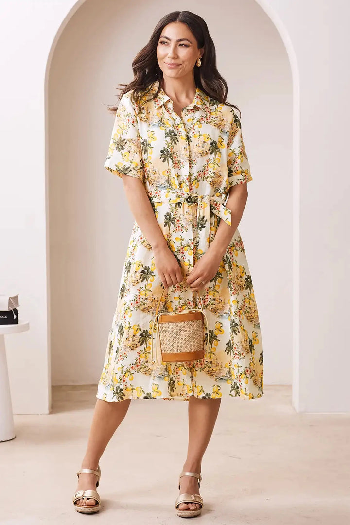 Positano Floral Mid Sleeve Collared Linen Midi Dress Dress