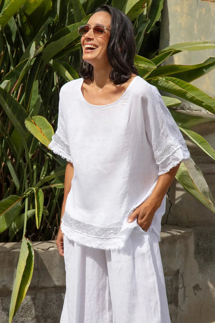 Antonia Linen Short Sleeve Sequinned Top in White Tops