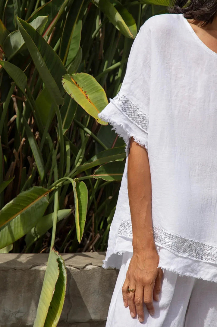Antonia Linen Short Sleeve Sequinned Top in White Tops