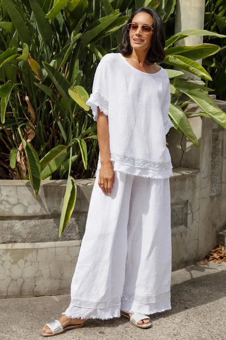 Antonia Wide Leg Linen Sequinned Pants in White Pants