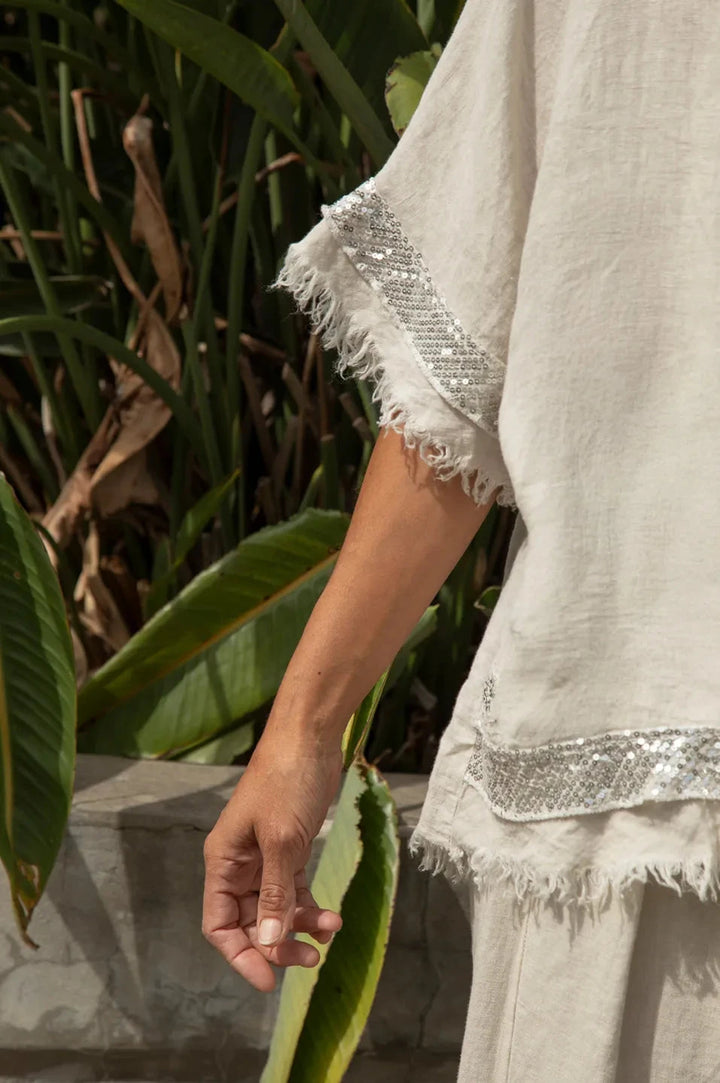 Antonia Linen Short Sleeve Sequinned Top in Oatmeal Tops