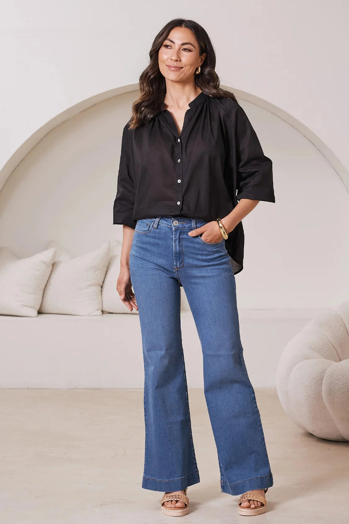 Carmen Long Sleeve Cotton Top in Black Tops