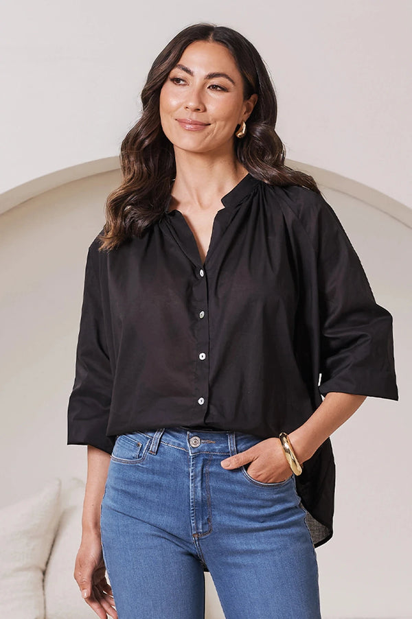 Carmen Long Sleeve Cotton Top in Black Tops