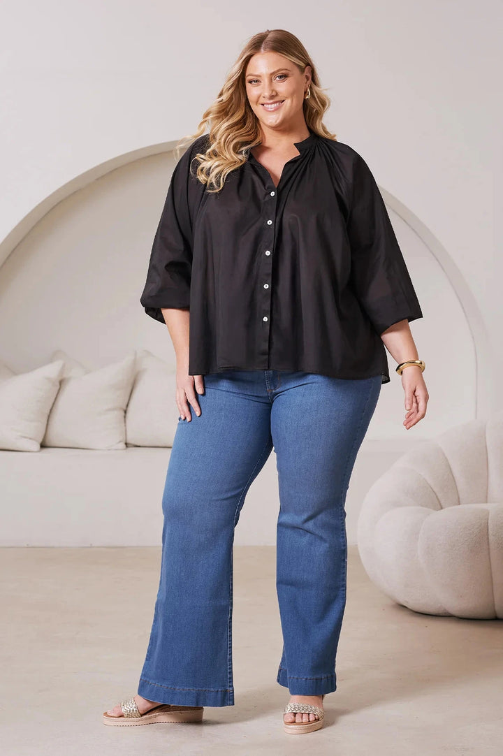 Carmen Long Sleeve Cotton Top in Black Tops
