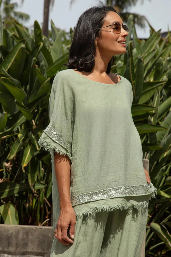 Antonia Linen Short Sleeve Sequinned Top in Mint Tops
